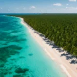 Vista aérea de las playas vírgenes y aguas cristalinas de Isla Saona, República Dominicana.