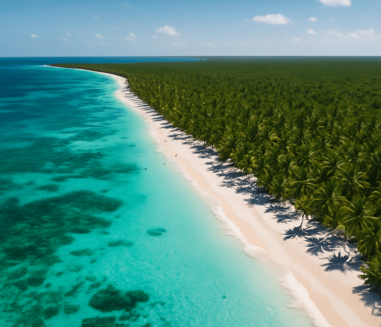 Vista aérea de las playas vírgenes y aguas cristalinas de Isla Saona, República Dominicana.