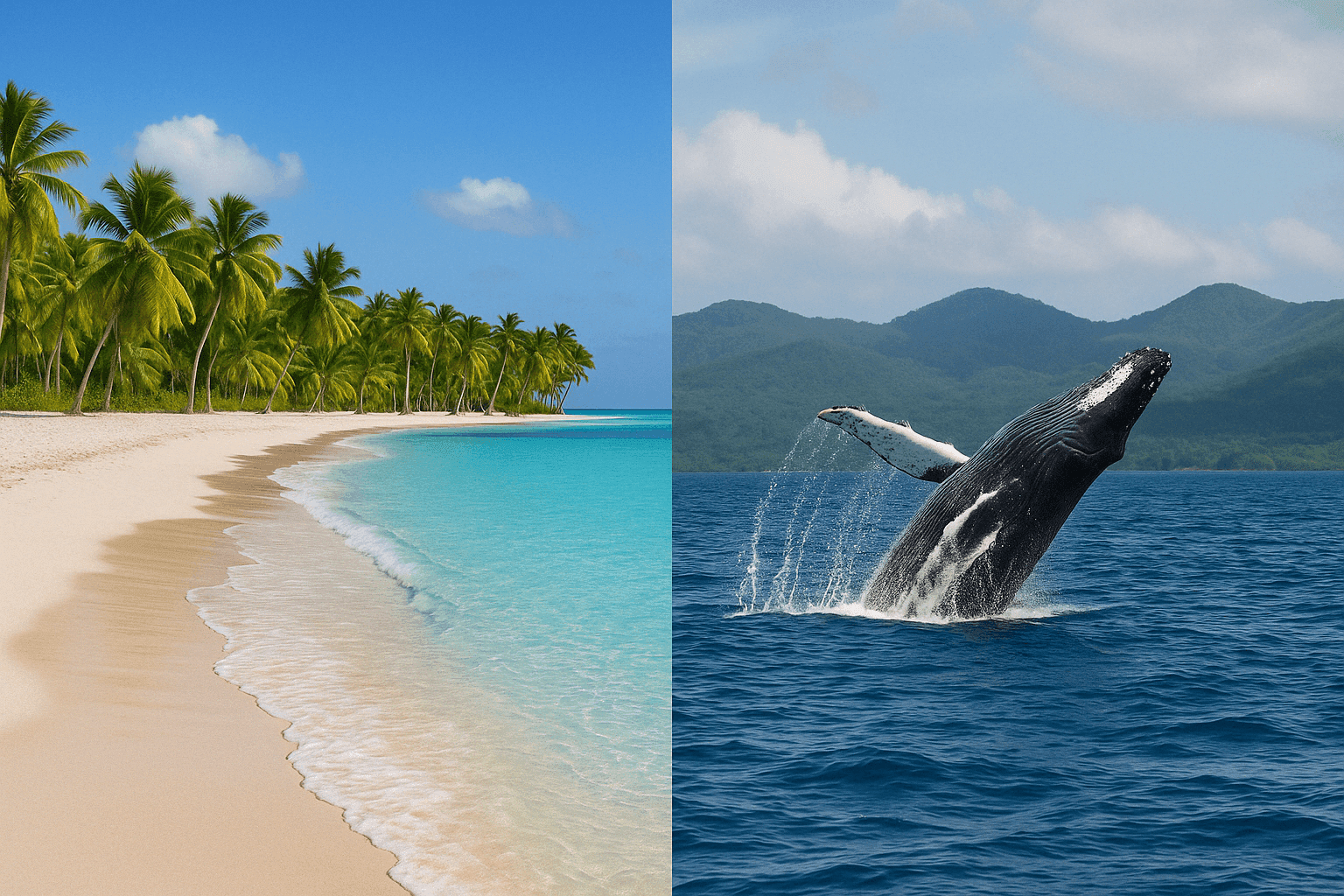 Comparativa visual entre las paradisíacas playas de Isla Saona y el paisaje natural de Samaná con ballenas.