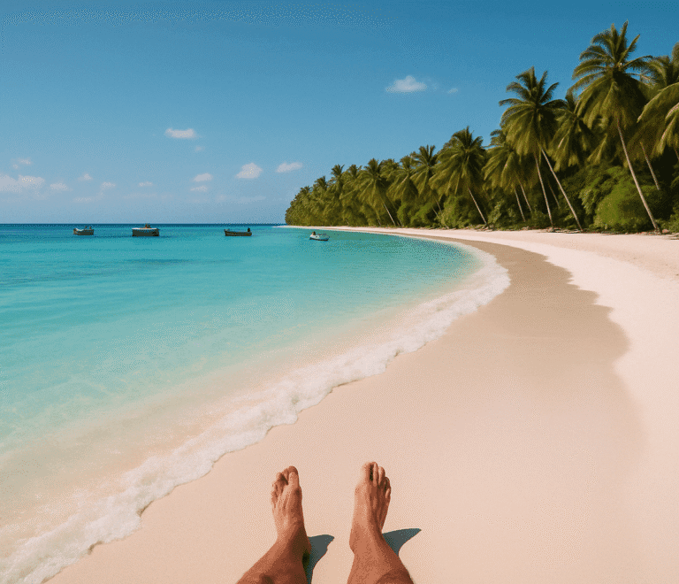 vista en primera persona de Isla Saona mostrando sus largas playas de arena blanca, aguas turquesa cristalinas y el contraste con la vegetación tropical verde, con pequeñas embarcaciones acercándose a la costa