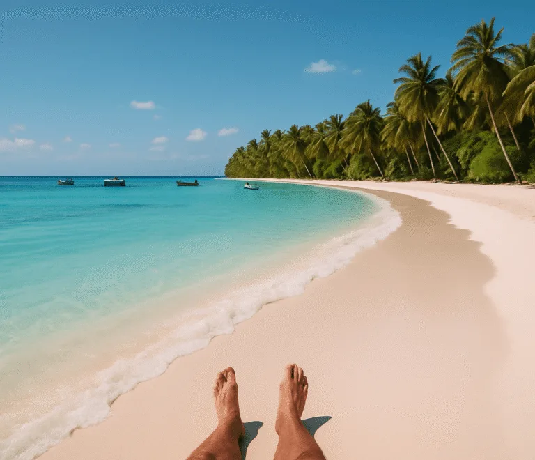vista en primera persona de Isla Saona mostrando sus largas playas de arena blanca, aguas turquesa cristalinas y el contraste con la vegetación tropical verde, con pequeñas embarcaciones acercándose a la costa