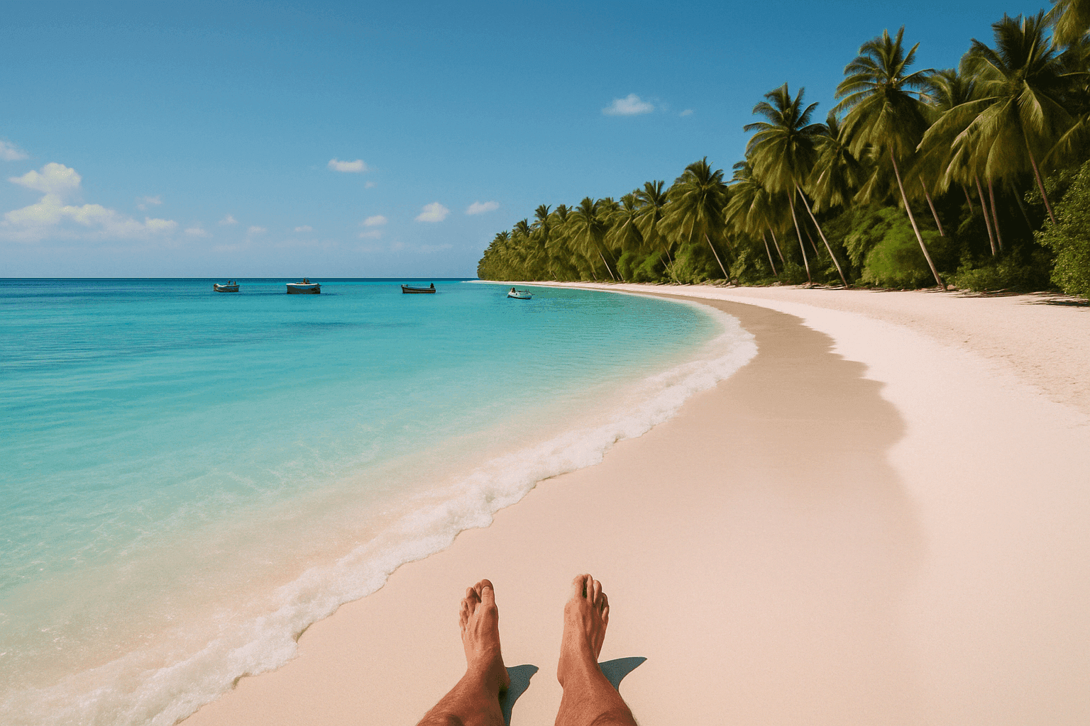 vista en primera persona de Isla Saona mostrando sus largas playas de arena blanca, aguas turquesa cristalinas y el contraste con la vegetación tropical verde, con pequeñas embarcaciones acercándose a la costa