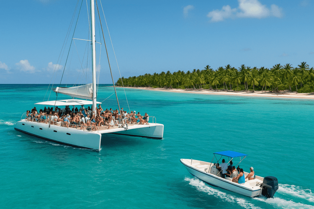 Comparativa de las principales opciones para llegar a Isla Saona: catamarán para una experiencia relajada o lancha rápida para maximizar el tiempo en la isla.