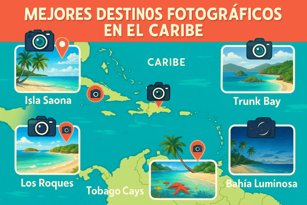 Mapa visual de los mejores destinos para fotografiar islas caribeñas