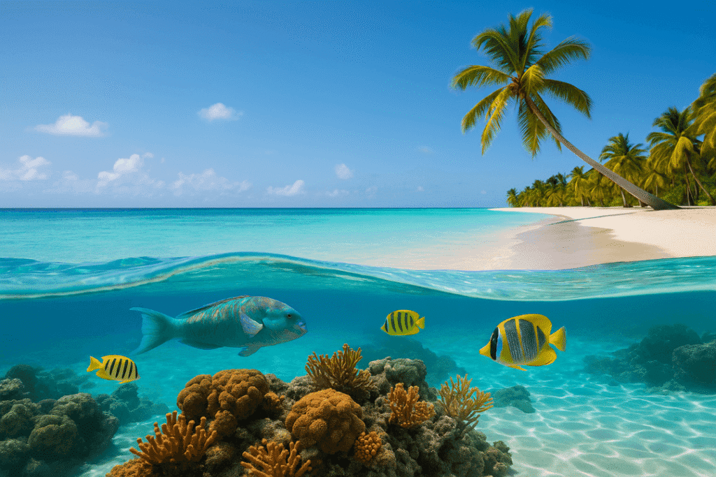Consejos para fotografiar islas caribeñas: técnica split-level mostrando superficie y mundo submarino