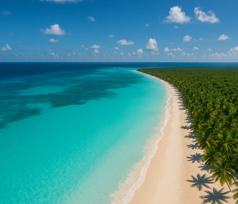 Vista aérea de las playas paradisíacas en República Dominicana en Isla Saona con aguas cristalinas turquesas