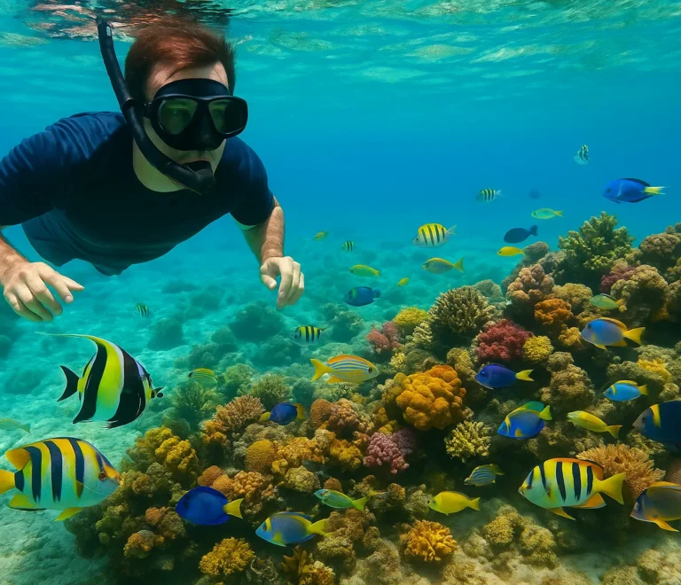 Snorkeler observando coral en los mejores lugares para hacer snorkel en República Dominicana
