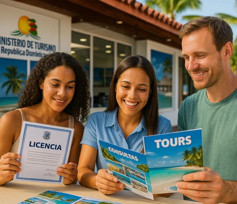 Turistas verificando licencias de empresas de tours en República Dominicana para evitar errores comunes al reservar excursiones