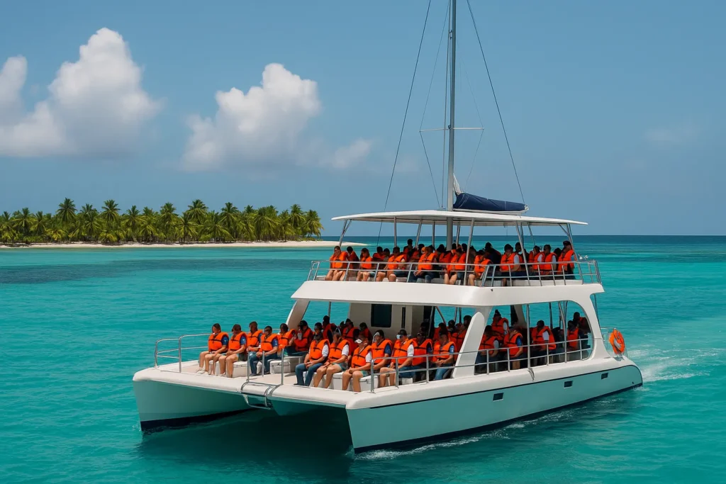 Catamarán con medidas de seguridad navegando hacia Isla Saona República Dominicana