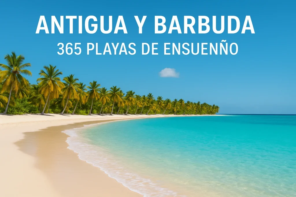Playa virgen de arena blanca y palmeras infinitas en Antigua y Barbuda bajo cielo despejado, evocando las 365 playas de ensueño.