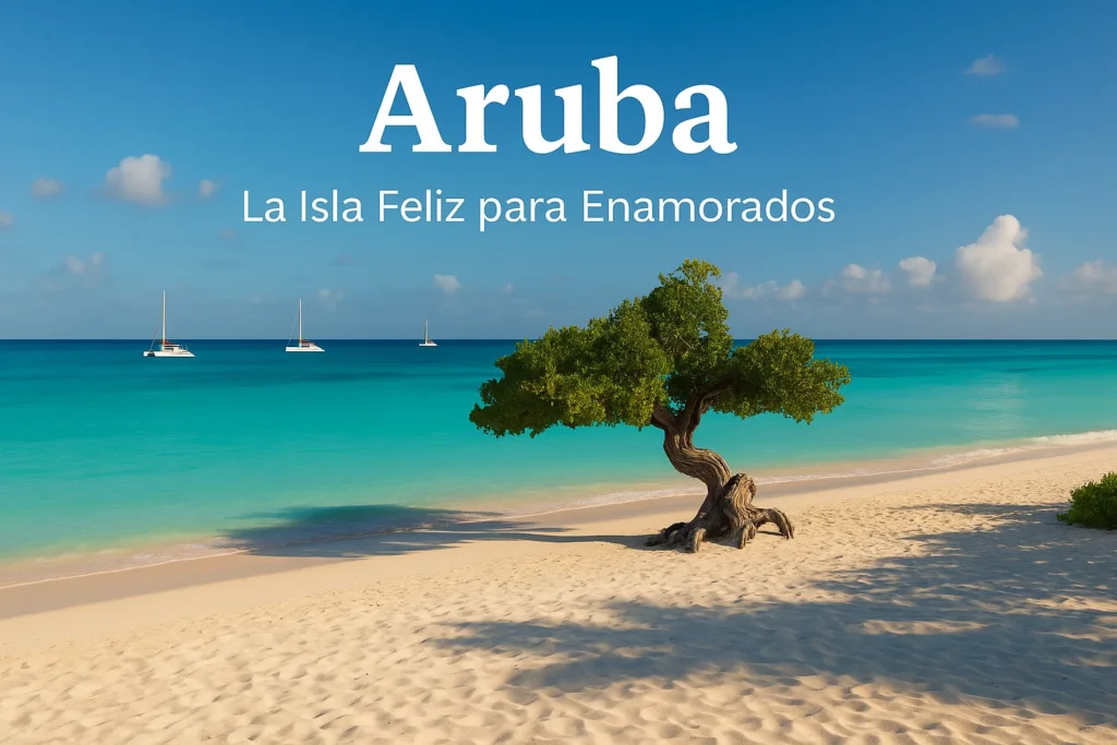 Playa de Aruba con aguas turquesas, arena blanca y el icónico árbol Divi Divi bajo un cielo azul, mostrando la isla feliz para enamorados.
