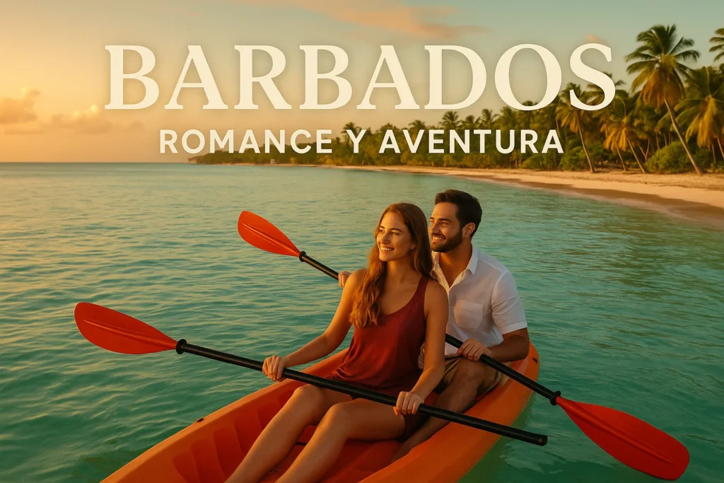 Pareja joven remando en kayak al atardecer frente a una playa tropical en Barbados, representando romance y aventura en el Caribe.