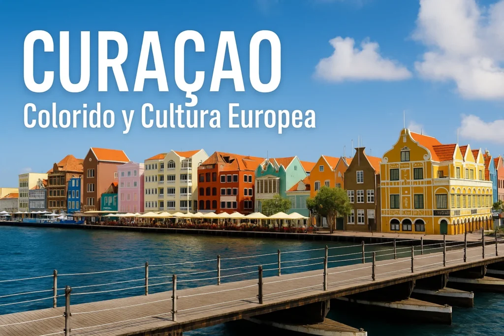 Coloridas fachadas coloniales neerlandesas alineadas frente al mar en Willemstad, Curaçao, simbolizando colorido y cultura europea en el Caribe.