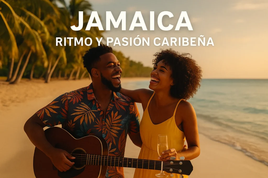 Pareja afrocaribeña bailando y tocando guitarra en la playa durante el atardecer en Jamaica, reflejando ritmo y pasión caribeña.