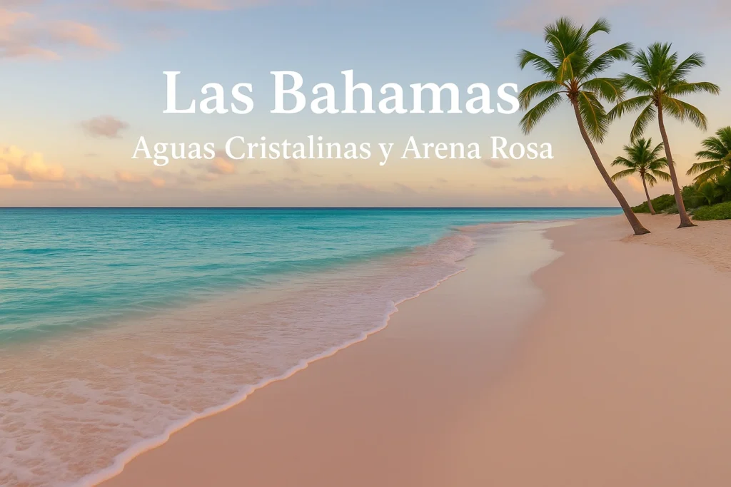 Playa tranquila con arena rosada y palmeras inclinadas en Las Bahamas, acompañadas de aguas cristalinas y cielo pastel.