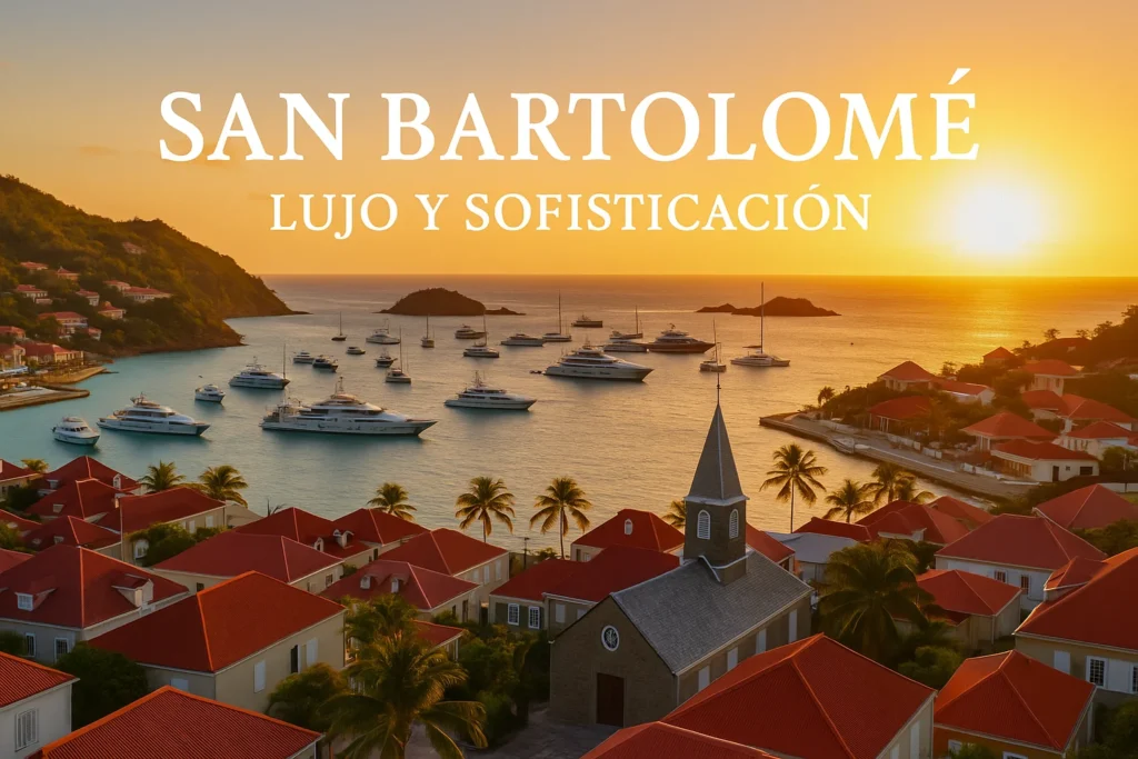 Vista panorámica del puerto de Gustavia al atardecer en San Bartolomé, con yates de lujo, techos rojos y una iglesia colonial destacando lujo y sofisticación.