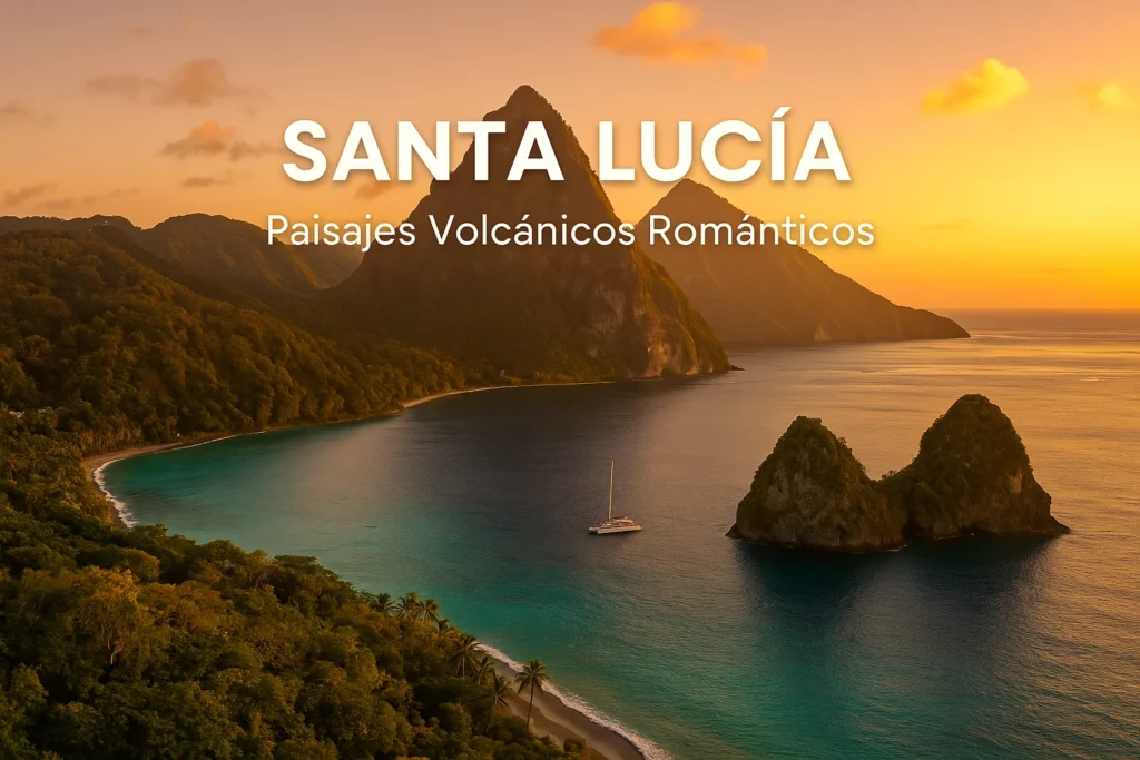 Vista aérea de los Pitons volcánicos y la costa caribeña en Santa Lucía durante el atardecer, simbolizando paisajes volcánicos románticos.