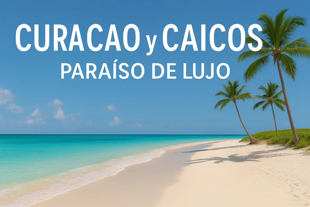 Playa paradisíaca de arena blanca y palmeras en Turcas y Caicos con mar turquesa brillante y cielo despejado, representando un paraíso de lujo.