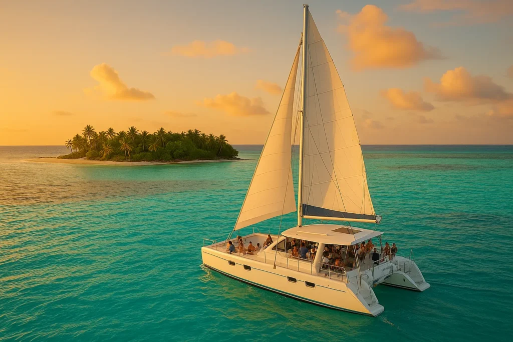Tour Caribbean Saona hacia Isla Catalina con catamarán moderno y turistas