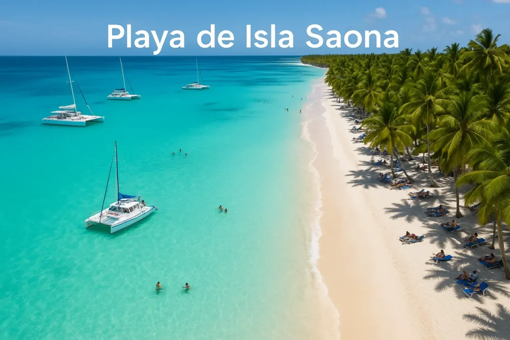 Vista aérea de las playas paradisíacas de Isla Saona con catamaranes anclados