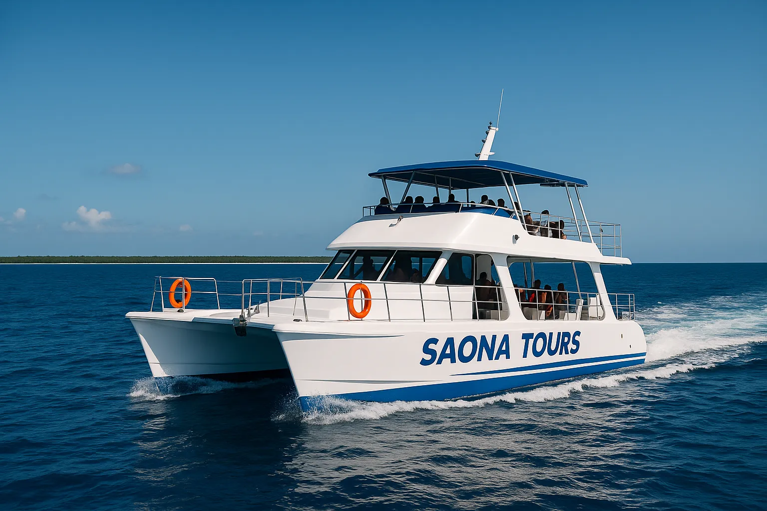 Embarcación segura navegando hacia Isla Saona con equipos certificados