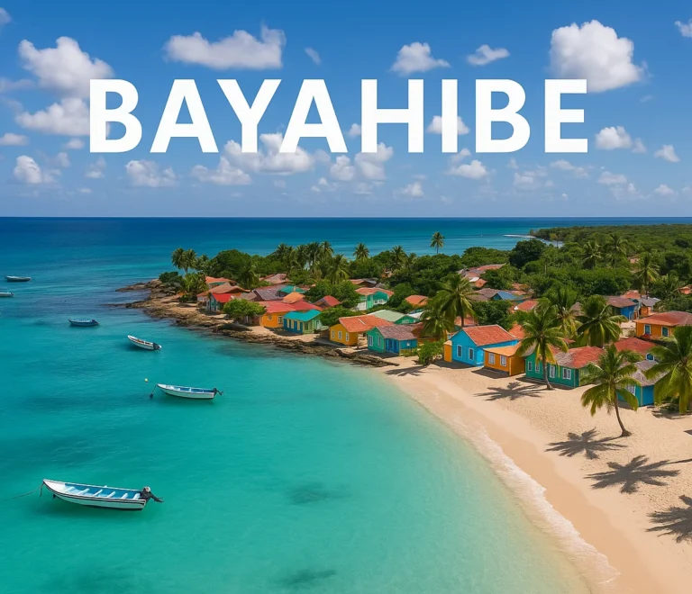 Vista aérea de Bayahibe pueblo pesquero República Dominicana con playas paradisíacas y aguas cristalinas del Caribe