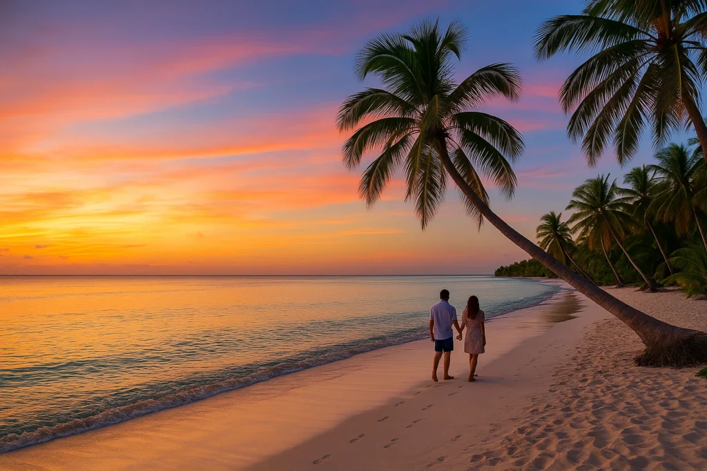 Atardecer romántico en Playa Canto de la Playa, Isla Saona, con arena blanca y aguas turquesas del Caribe