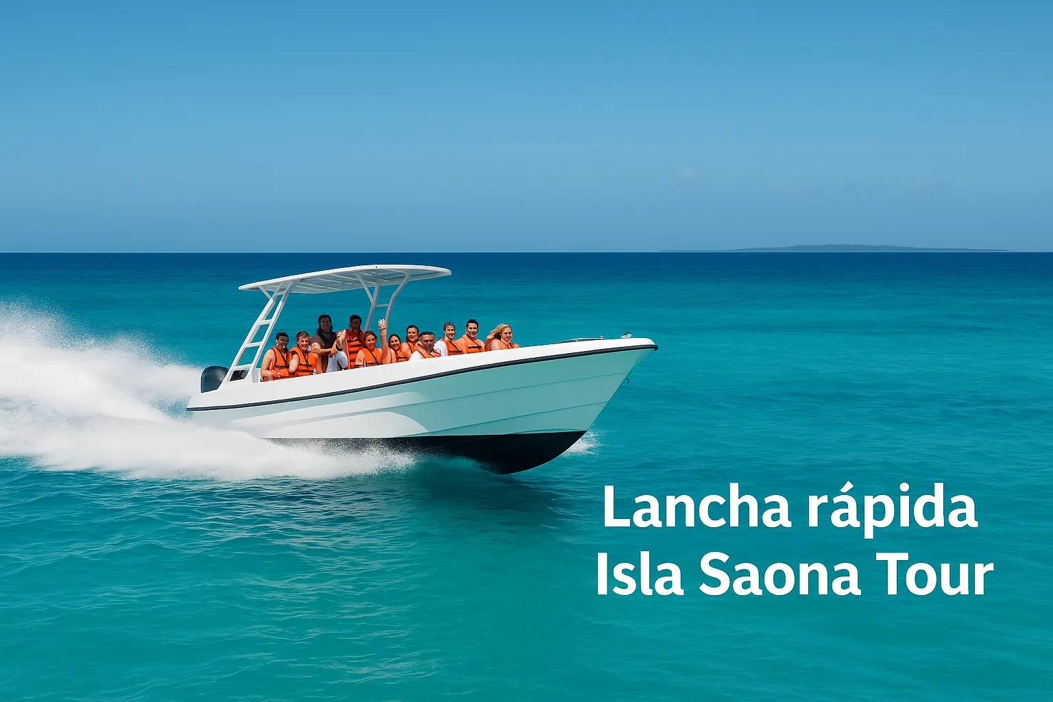 Lancha rápida navegando hacia Isla Saona con turistas disfrutando del tour por aguas cristalinas del Caribe