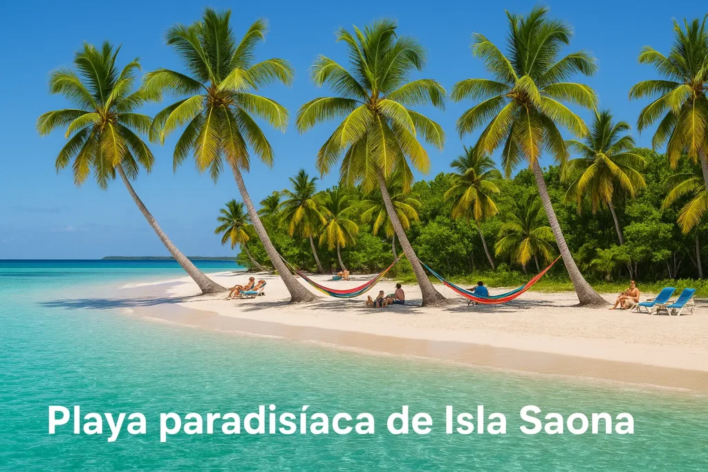 Playa paradisíaca de Isla Saona con hamacas bajo palmeras y piscina natural de aguas turquesas