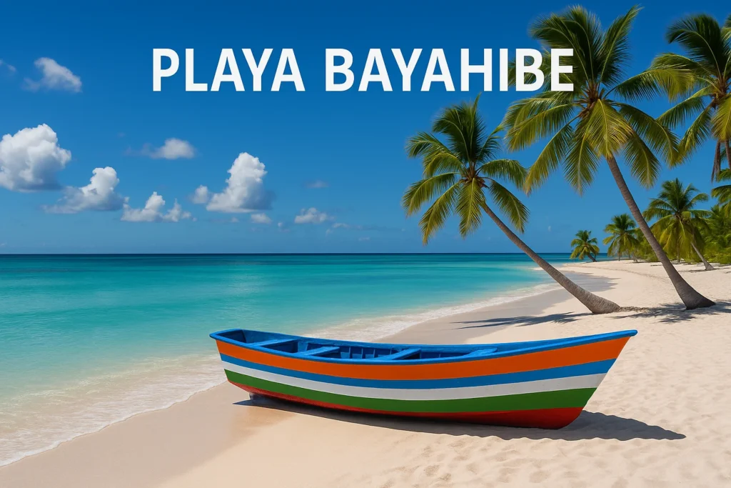 Playa Bayahibe arena blanca turquesa República Dominicana destino turístico caribeño palmeras embarcación tradicional