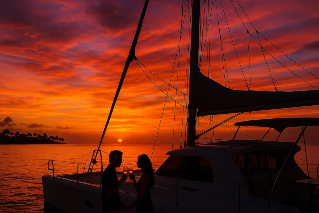 Atardecer romántico en catamarán Punta Cana - Mejores excursiones en velero República Dominicana - Tours sunset Caribbean Saona