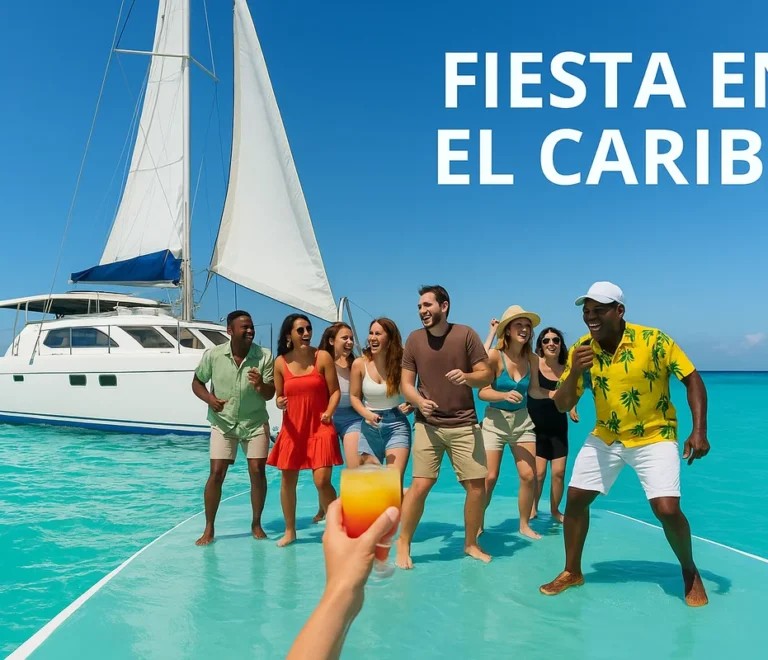 Grupo de turistas disfrutando de una de las mejores experiencias en catamarán en el Caribe con Caribbean Saona, bailando en la cubierta