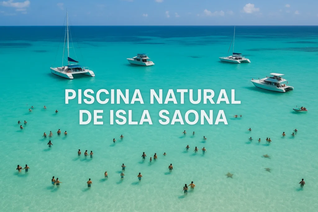 Vista aérea de la Piscina Natural de Isla Saona con aguas cristalinas turquesas, destino de excursiones en el Caribe dominicano