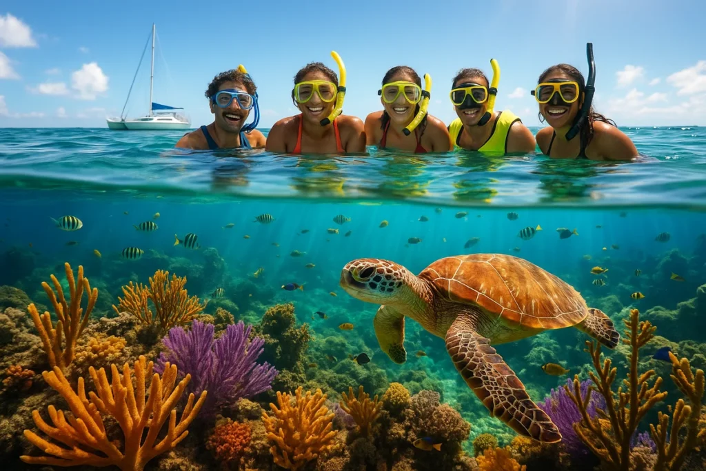 Turistas haciendo snorkel en arrecife de coral cerca de Punta Cana - Excursiones ecológicas con tortugas marinas - Caribbean Saona tours