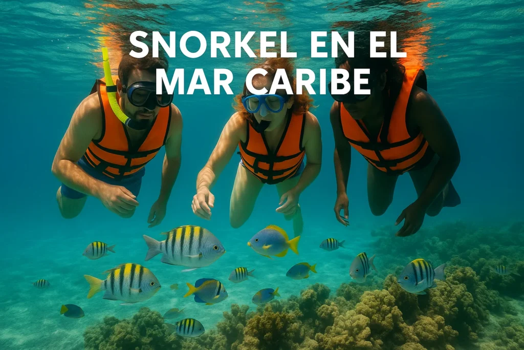 Turistas primerizos haciendo snorkel en el mar Caribe observando peces tropicales y arrecife de coral en República Dominicana
