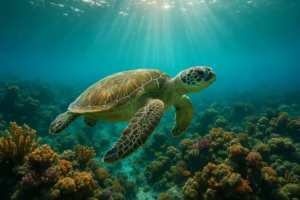 Tortuga verde nadando en arrecife de coral durante snorkel en excursión Isla Saona Parque Nacional Cotubanamá