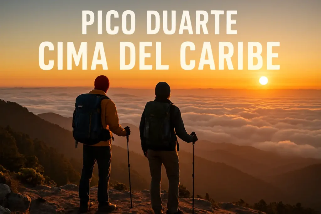 Excursionistas en la cima del Pico Duarte, el mejor tour de trekking para viajeros aventureros en República Dominicana.