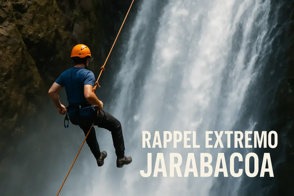 Persona haciendo canyoning y rappel en una cascada, un tour de aventura extrema en Jarabacoa, República Dominicana.