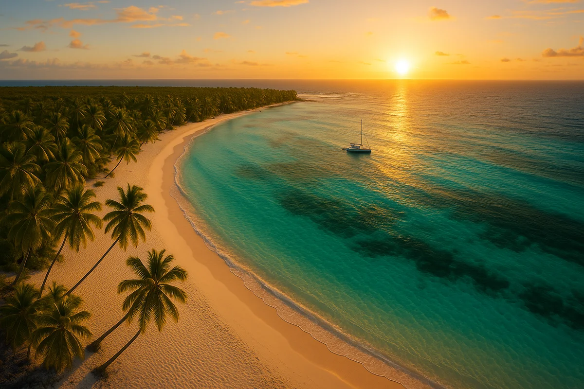 Vista aérea de Canto de la Playa en Isla Saona, una de las mejores playas del Caribe Dominicano con aguas turquesas y arena blanca