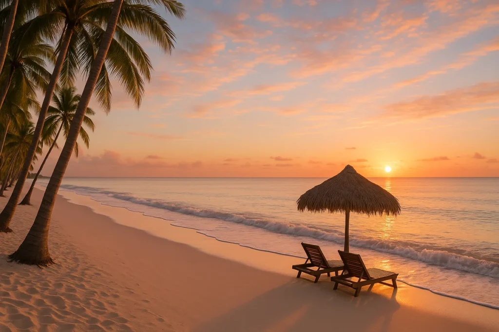 Amanecer en Playa Bávaro Punta Cana con palmeras y arena blanca, una de las mejores playas del Caribe Dominicano