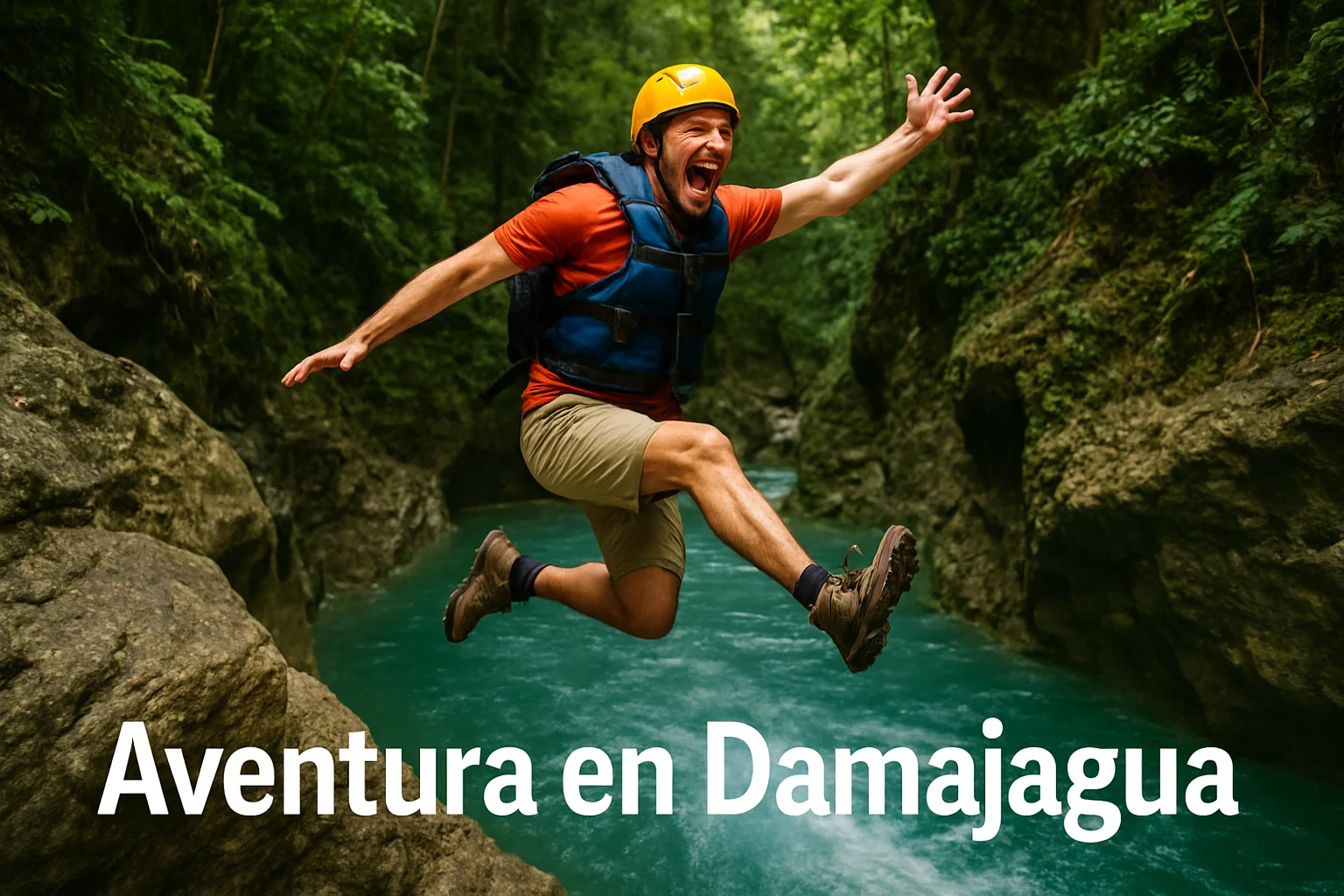 Viajero aventurero saltando a una poza en un tour de los 27 Charcos en República Dominicana.