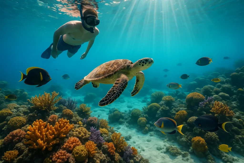 Snorkel en arrecife de coral con tortuga marina y peces tropicales en las mejores playas del Caribe Dominicano cerca de Playa Bávaro