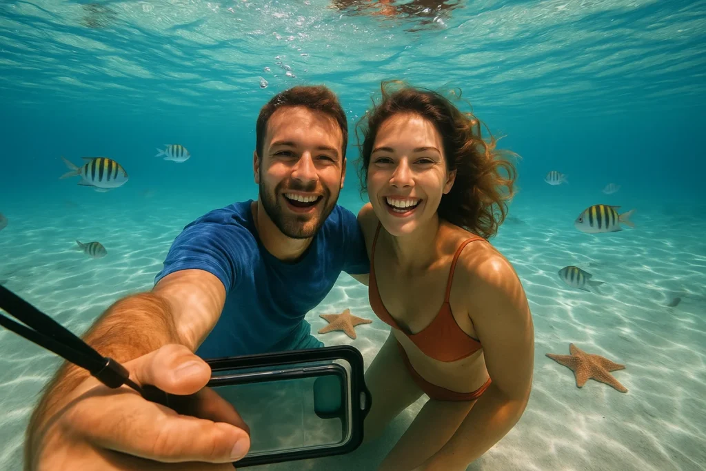 Pareja haciendo snorkel y tomando fotos bajo el agua en la piscina natural de Isla Saona