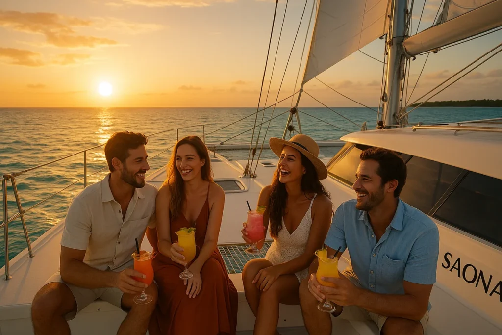 Turistas disfrutando de una excursión en catamarán a Isla Saona con Caribbean Saona al atardecer