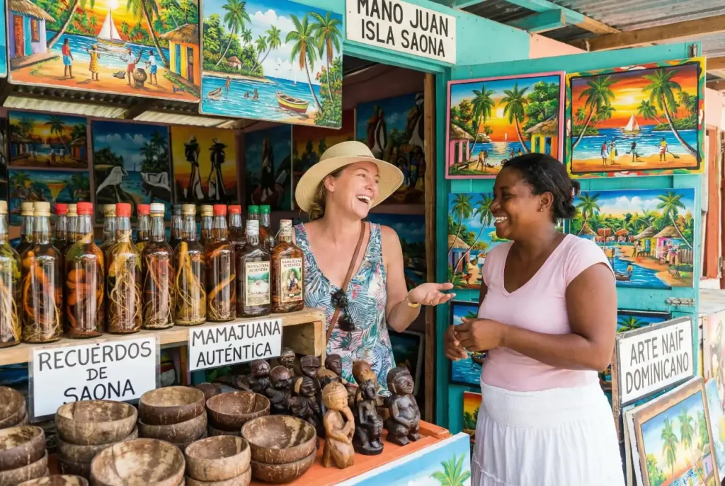 Turista eligiendo qué comprar en un puesto de artesanías locales en Mano Juan, Isla Saona.