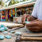 Artesano trabajando una joya de larimar, un recuerdo auténtico que comprar en Isla Saona.