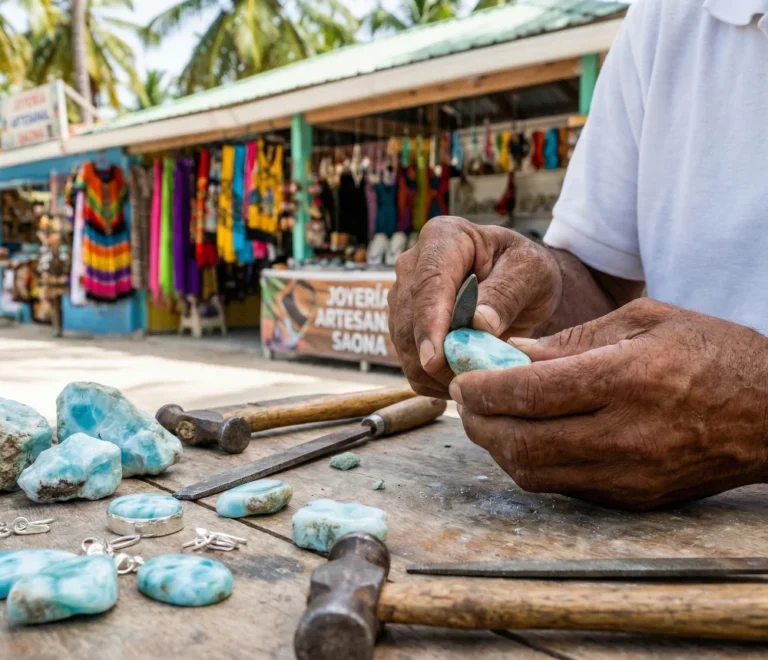 Artesano trabajando una joya de larimar, un recuerdo auténtico que comprar en Isla Saona.