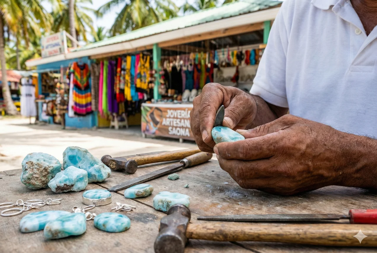 Artesano trabajando una joya de larimar, un recuerdo auténtico que comprar en Isla Saona.