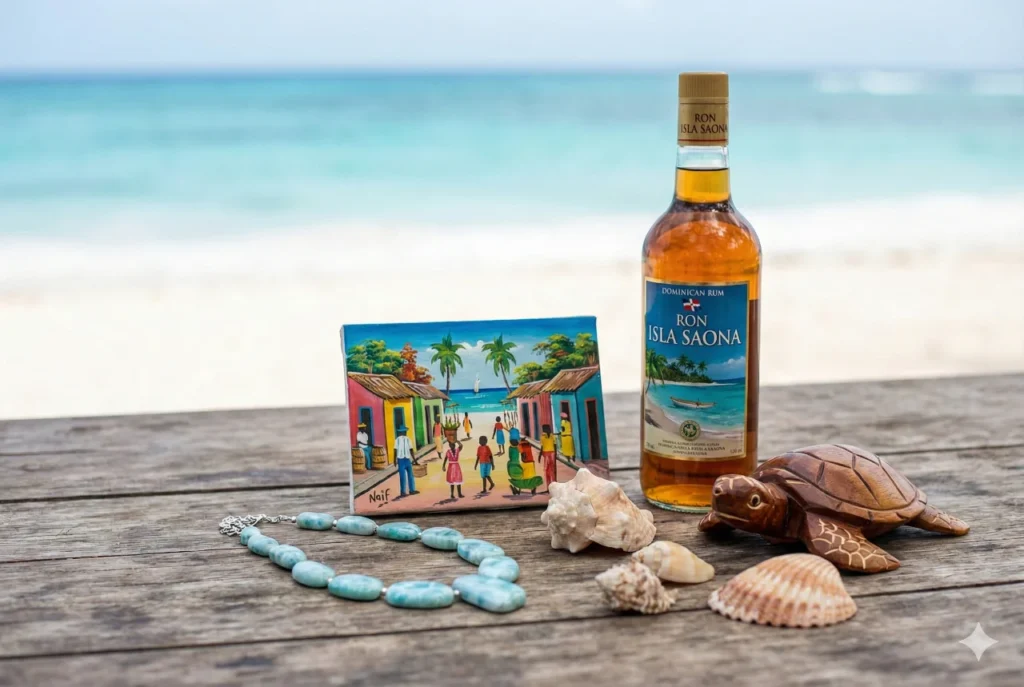 Composición de recuerdos y artesanías que se pueden comprar en una excursión a Isla Saona.