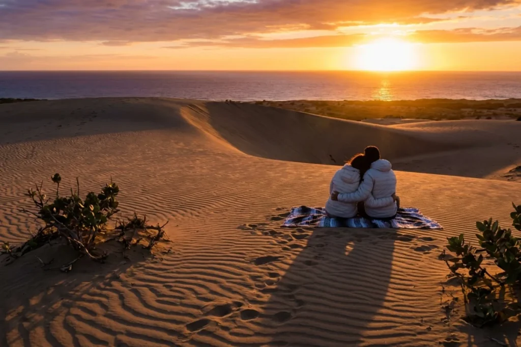 Pareja viendo uno de los mejores atardeceres en las Dunas de Baní, costa sur de República Dominicana.